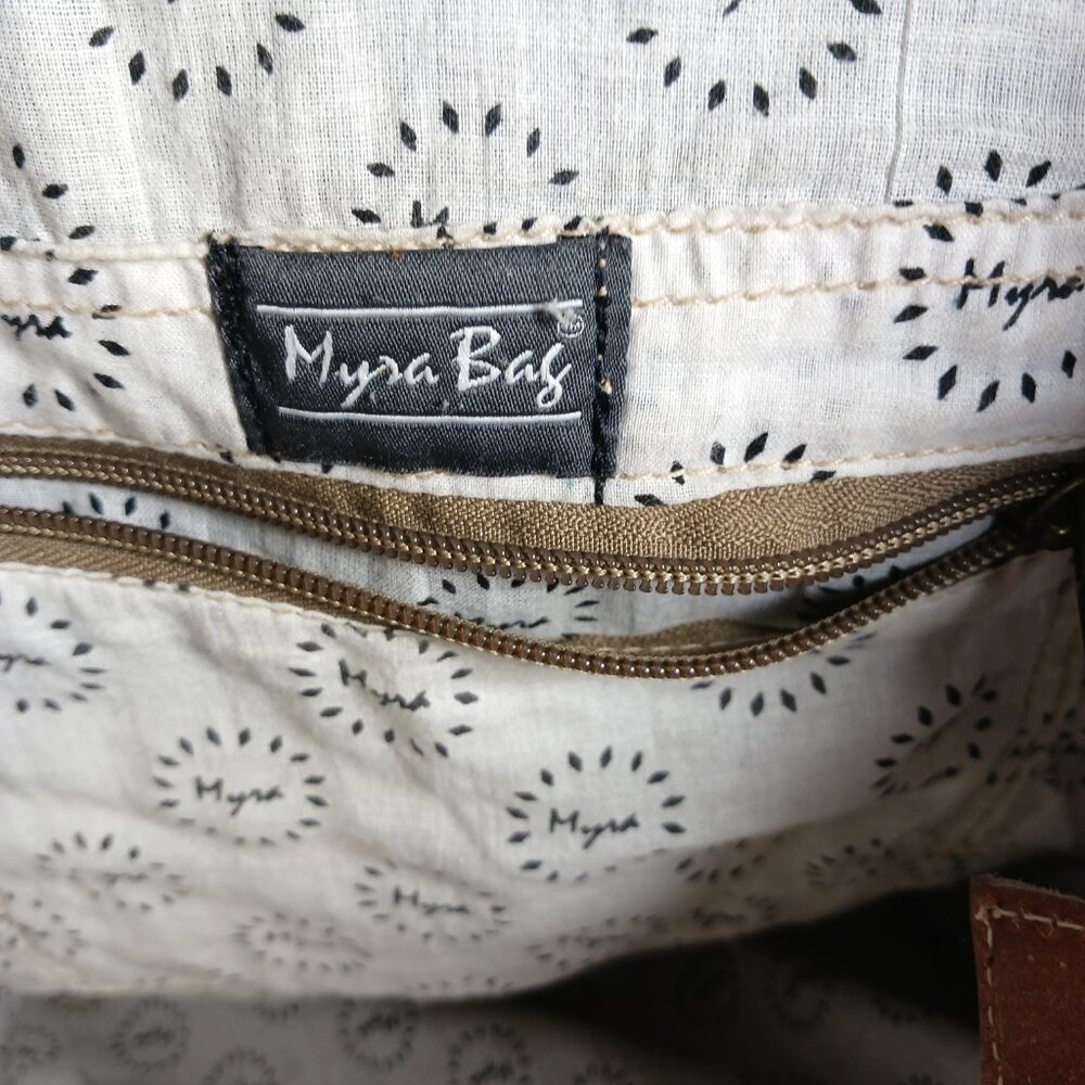 Myra Bag Dk Brown White Cowhide Gray Canvas Tooled Leather Shoulder Bag Zip 16" - Picture 9 of 13
